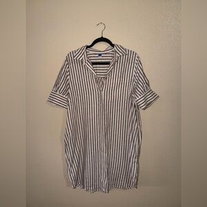 Old Navy Women’s Brown and White Striped Button Down Dress with Pockets